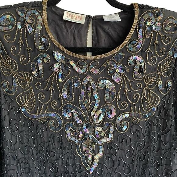 VINTAGE Braemar Silk Blouse Embellished Beading Sequins Black S - Picture 2 of 7